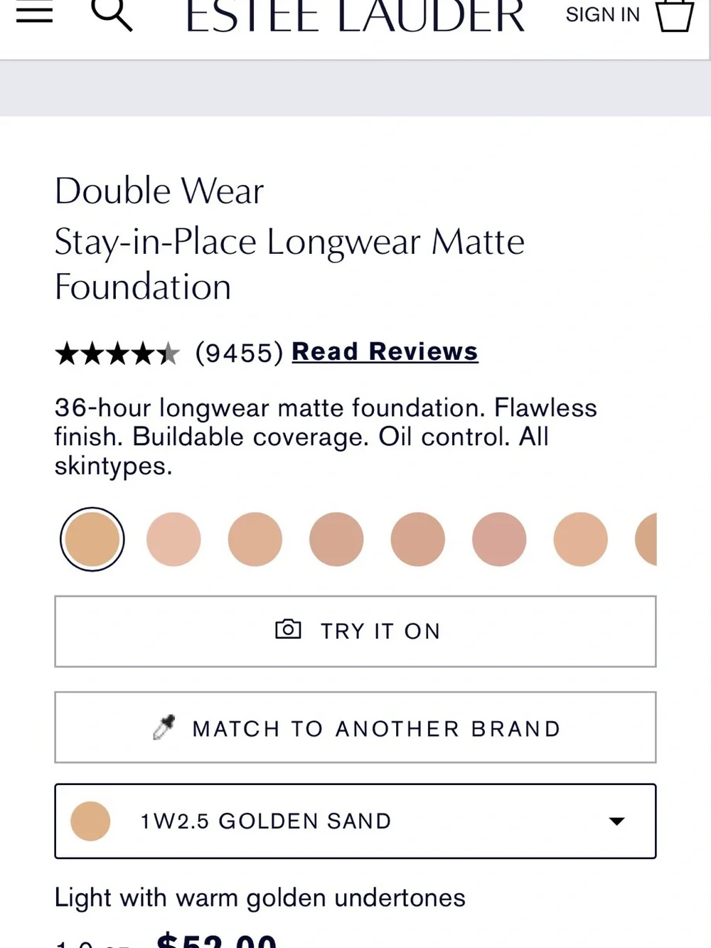 Estee Lauder Double Wear Foundation — 1W2.5 Golden Sand